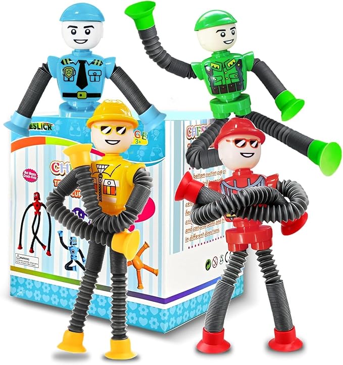 4Pcs Robot Sensory Travel Toys for Boy Toddlers Kids Year Old Ages 3 4 5 6 7 8 9, Airplane Travel Activities Suction Autistic Pop Tube Autism Fidget Toys Easter Basket Stuffer Valentine Gifts