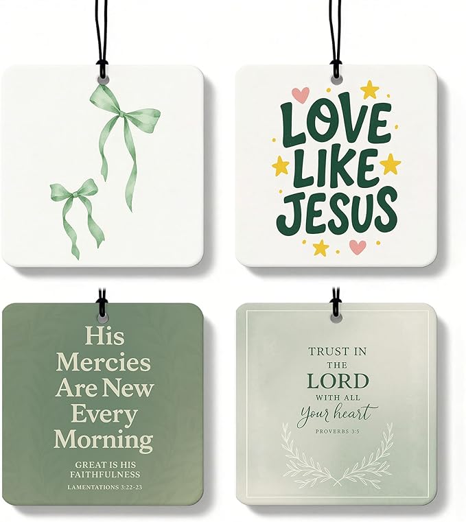 Sage Green Christian Square Citrus Car Air Freshener 4 Pcs, Green Coquette Bow Religious Hanging Air Freshener for Cars Bathroom Dorm Books Decor, Girly Christian Accessories Gifts for Women