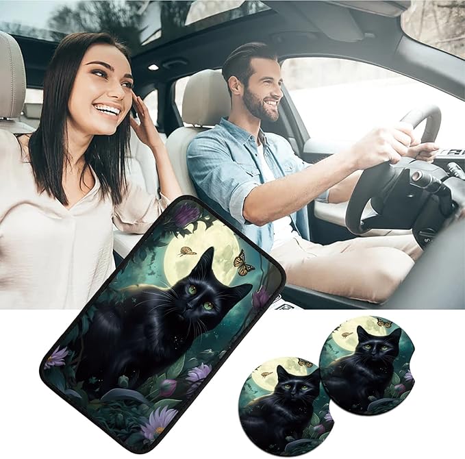 Car Armrest Cover Pads Universal Fashion Cute Auto Center Console Armrest Cover Pad with 2PCS Car Coasters Soft Waterproof Car Armrest Seat Protector for Women Girls, Black Cat