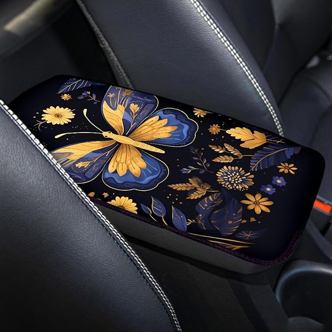 UNICEU Car Accessories Soft Comfy Armrest Cover Pad, Trippy Floral Butterfly Neoprene Car Center Console Armrest Protector Cover Universal Fit Trucks SUV Van