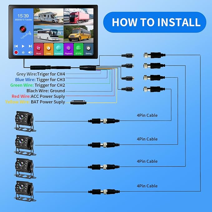 4 Channel RV Backup Camera System with 10.1" Touch Screen Monitor, DVR Recording, 4 x 1080P Waterproof Cameras, Quad Split, Bluetooth, for RV Truck Trailer Bus