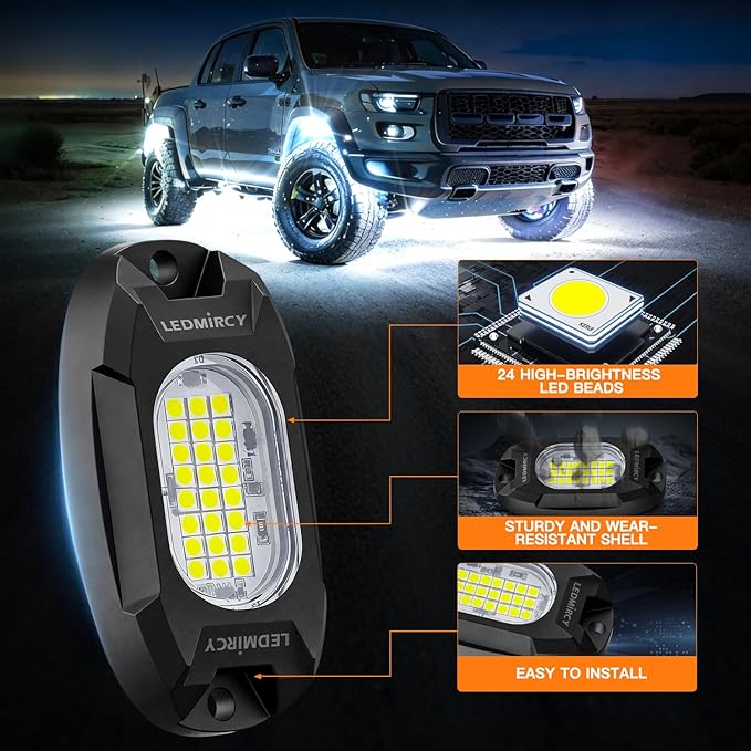 White Rock Lights,LEDMIRCY R6 LED Pure White Rock Lights 12PCS with Rocker Switch Wire Harness Kit for Trucks UTV Off Road Boat ATV Luces para Carro Super Bright High Power Light Waterproof Shockproof