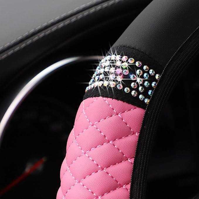 Bling Car Steering Wheel Cover, 15 Inch Rhinestones Soft Leather Elastic Steering Wheel Protector, Sparkly Crystal Diamond for Women Girls, Car Interior Accessories for Most Cars (Pink)