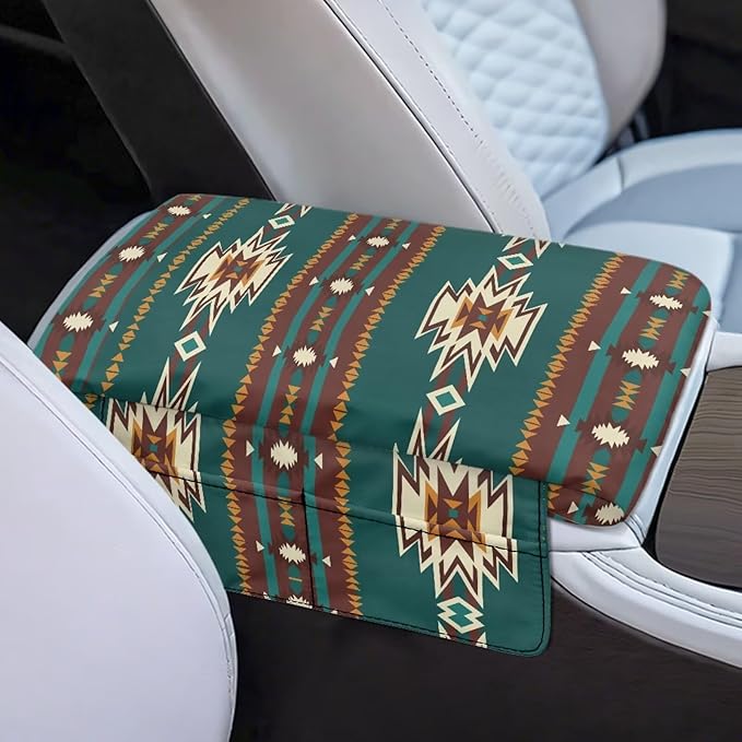 Dreaweet Aztec Arm Rest Cover for Car Thick Car Center Console Cover Pad with Pockets Green Anti-Scratch Car Armrest Cover Cushion Center Console Armrest Replacement