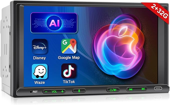 Double Din Car Stereo Radio Wireless CarPlay Wireless Android Auto, 7in Touchscreen Car Audio Receiver with Bluetooth,Rearview Camera,AM/FM, GPS Navigation,Mirror Link,Subwoofer,USB/AUX/SWC