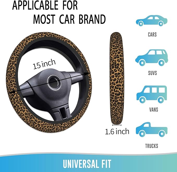 Elastic Steering Wheel Cover Car Accessories Cute Universal 15 Inch Absorbing Sweat Non-Slip Breathable for Man Woman - Brown Leopard