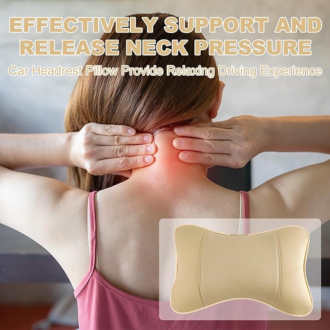 2 Pack Car Neck Pillow PU Leather Automotive Headrest Pillow for Car Support Neck Pain Relief Universal Car Pillow (Beige)
