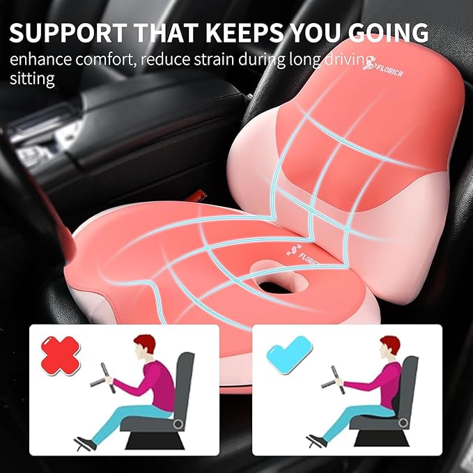 FLORICH Seat Cushion and Lumbar Support Pillow for Office Chair Car Neck Headrest Pillow 100% Memory Foam Seat Pads Pressure Relief Back Cushion and Carseat Pads(Pink)
