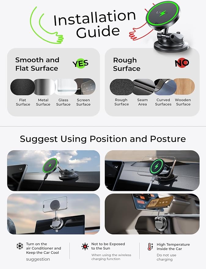 LISEN 15W Magsafe Car Mount Charger, Magnetic Wireless Car Charger, Suction Phone Mount, Vacuum Magnetic Phone Holder for Car Charger for iPhone 17 Pro Max 16 15 14 13 12, Samsung,Pixel, Gifts for Mom