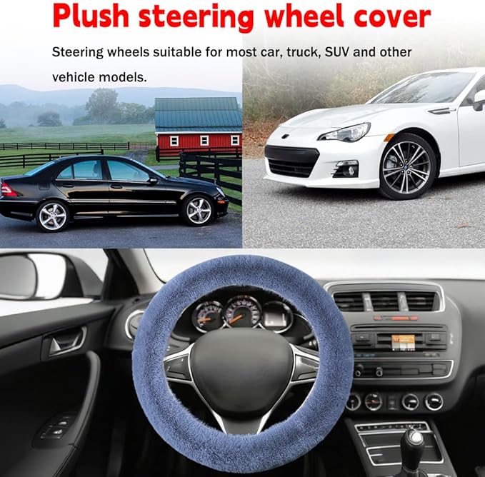 Fluffy Steering Wheel Cover, Winter Warm, Suitable for Most Car Steering Wheels in The 14-15 Inch Range (Grey, 1PCS)