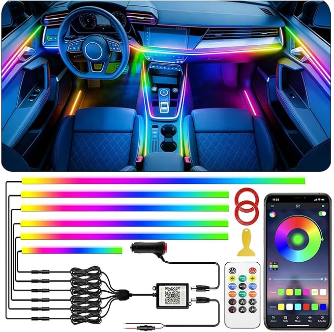 Interior Car LED Strip Lights,Acrylic LED Lights for Car with Dynamic Dreamcolor Chasing,175 inches 6 in 1 RGB Neon Strip Fiber Optic Ambient Lighting Kits with Remote APP, for Inside car Decorations