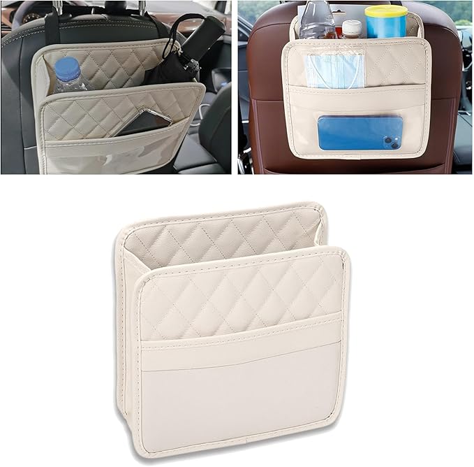 Car Back Seat Organizer, Waterproof PU Leather Car Seat Back Hanging Bag, Multifunctional Car Storage Bag Vehicles Interior Accessories for Adults, Universal for Most Cars (Beige)