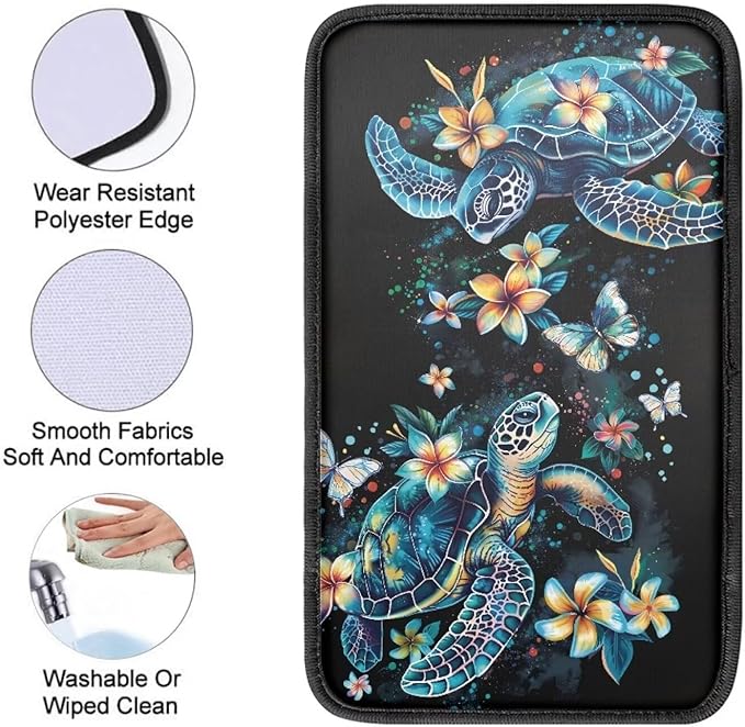 Car Center Console Cushion Pad Comfortable Auto Center Console Armrest Cover, Turtle Floral Car Interior Accessories Auto Armrest Box Cushion Pad for Most Cars