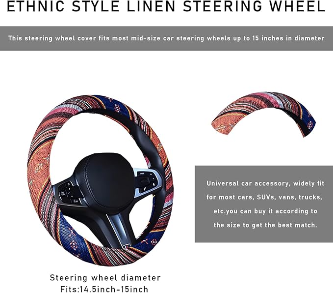Boho Steering Wheel Cover, 15.0"×15.0" Anti-Slip Baja Blanket Ethnic Steering Wheel Protector, Breathable Flax Cloth Elastic Bohemian Steering Wheel Cover, Car Accessories (Style C)