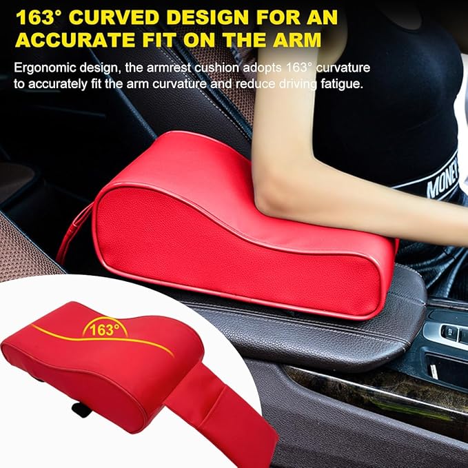 Car Armrest Cushion, Soft Memory Foam Auto Armrest Pillow with Storage Bag, Leather Center Console Arm Rest Padded Cushion with Phone Holder, Universal Car Accessories (Red)