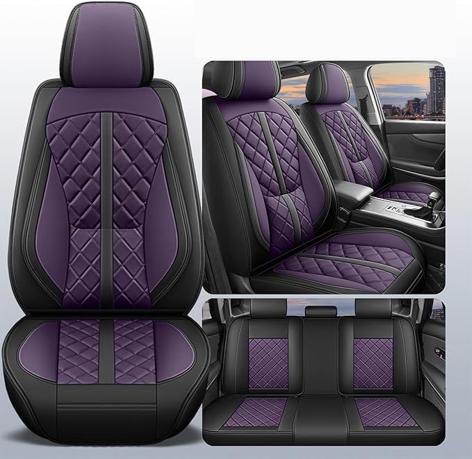 otoez Car Seat Covers Full Set, Universal Leather Seat Cover 5 Seat Waterproof & Breathable Automotive Seat Protector Full Coverage for Cars Sedens, Trucks, SUVs, Vans (Dark Purple)