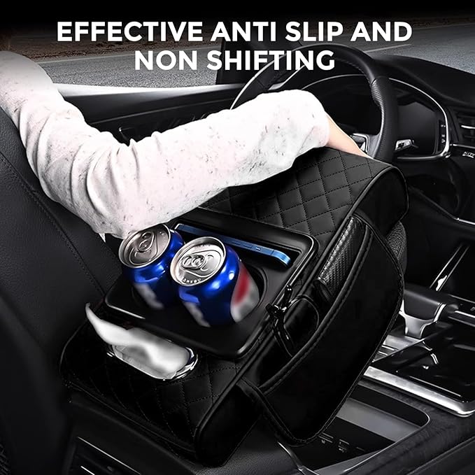 5-in-1 Car Center Console Cover,Multifunctional Arm Rest Cover for Car with Cup Holder,Phone Holder,Pocket,Car Tissue Holder,Leather Height Enhancement Car Armrest Cushion for Most Cars