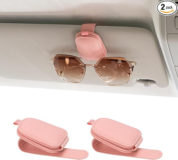 Yuoyar Sunglass Holder for Car, Magnetic Leather Sunglasses Holder and Ticket Card Clip, Car Visor Accessories, 2 Packs (Pink)