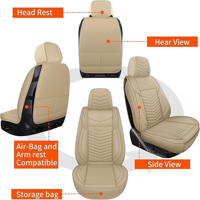 Nappa Leather Car Seat Covers Front Seats, Beige Car seat Protector, Waterproof Car Seat Cushion, Universal Automotive Seat Covers Fit for SUV Truck Pick-up Sedan and Most Cars