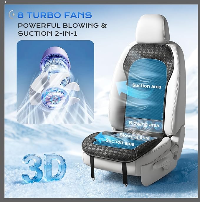 Coverado Cooling Car Seat Cushion, 12V-24V Ventilated Seat Pad with 8 Turbo Fans, 3-Speed Adjustable Dual Blowing & Suction Cooling Cushion, Universal Fit for Car SUV Truck Van All Vehicles, Black