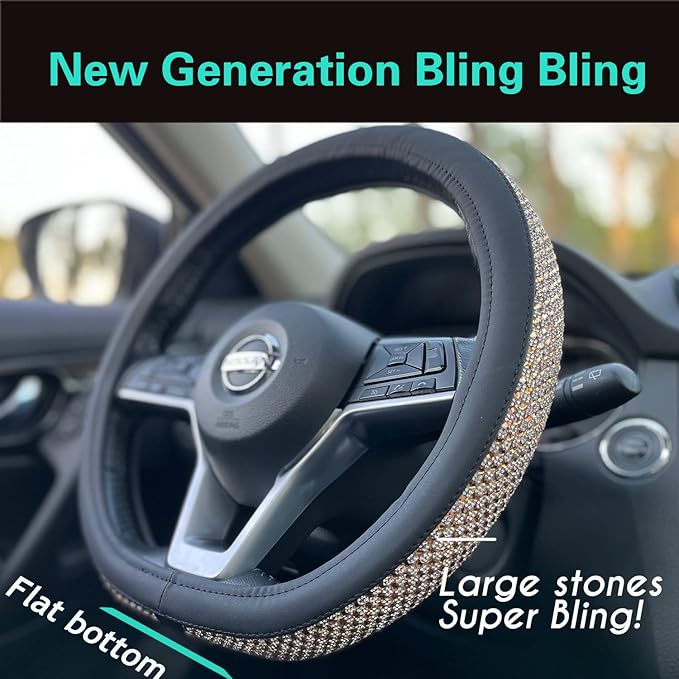 PINCTROT D Shaped Bling Comfy Steering Wheel Cover with Jumbo Crystal Rhinestones, Anti-Slip Diamond Leather, Flat Bottom 14.5-15 Inch (Gold)