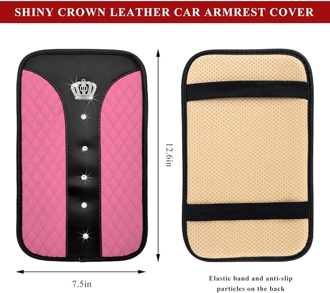 Bling Leather Car Center Console Cover, Anti-Slip Crown Armrest Seat Box Cushion Pad with Rhinestones, Waterproof Crystal Arm Rest Protector Interior Decor for Most Vehicles (Pink)