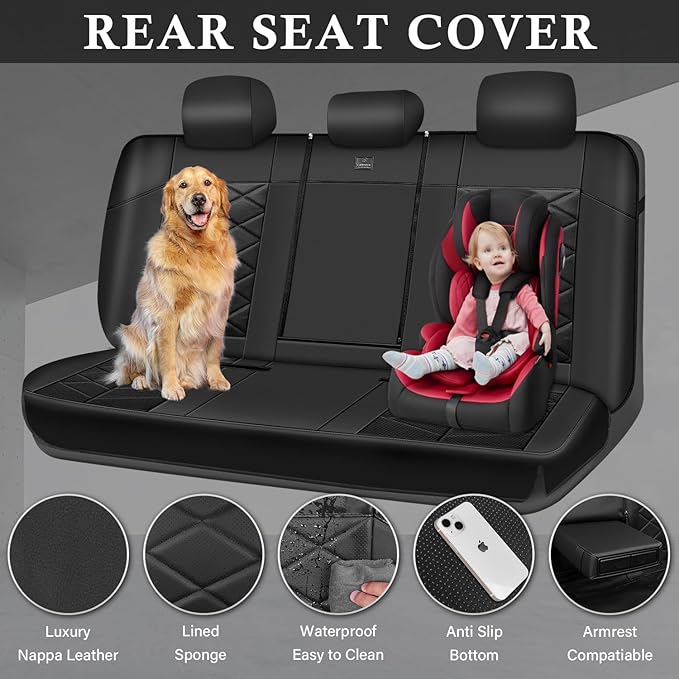 CAR PASS Nappa Leather Back Seat Cover Memory Foam, Luxury Breathable Faux Leather Bench Rear Seat Cover, Thick 3D Foam Zipper Split Backseat Cover Universal Fit for Cars, Trucks, Sedans, SUV, Black
