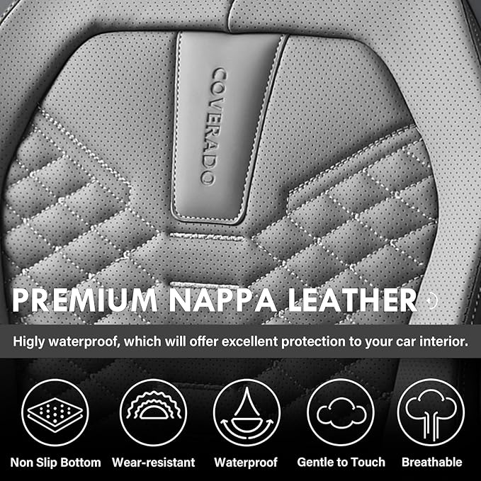 Coverado Car Seat Covers, Front Seat Cover, Waterproof Nappa Leather Seat Covers for Cars, 2 Pack Car Seat Protectors Driver Seat Cover, Automotive Seat Covers Universal Fit for Most Cars, Black&Gray