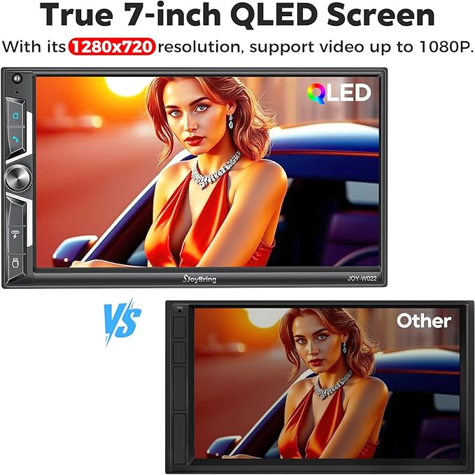 SJoyBring 7" QLED Double Din Car Stereo - Wireless Apple CarPlay & Android Auto, 240W 4.2CHN, SWC, Bluetooth, FM/AM Car Radio, 2 Subwoofers Outputs, Backup Camera