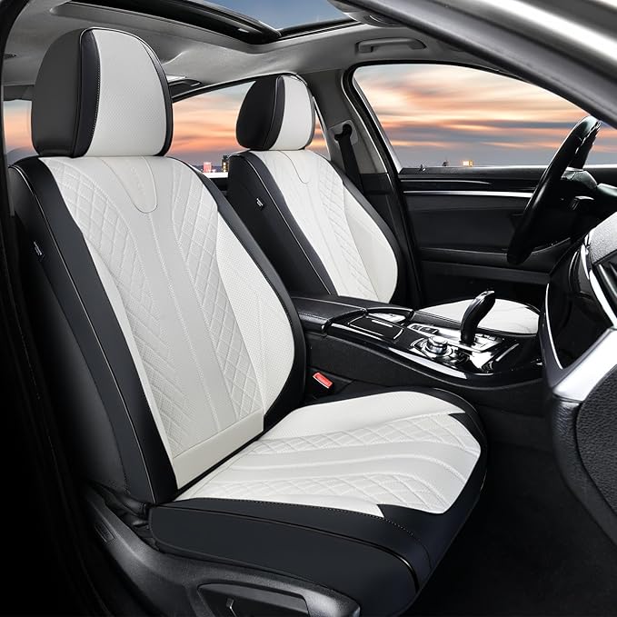 FLORICH Seat Covers Full Set Luxury Faux Leather Front and Rear Car Seat Cover Waterproof Automotive Seat Covers 5 Seats Car Seat Protector Universal Fit for Most Cars SUV Trucks, Black&White