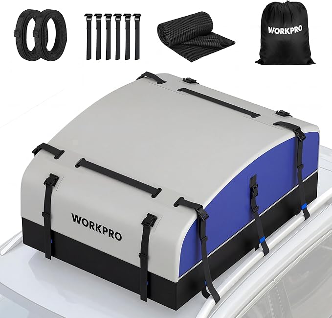 WORKPRO Rooftop Cargo Carrier Roof Bag, 21 Cubic Feet, Waterproof Roof Rack Cargo Carrier for Vehicle with/Without Rack, Heavy Duty 840D PVC, Includes Anti-Slip Mat, 6 Safety Hooks and Storage Bag