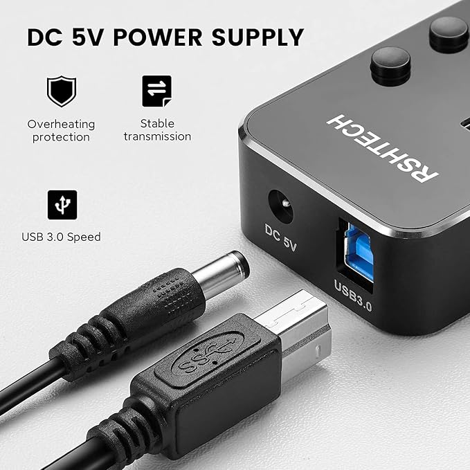 Powered USB Hub, RSHTECH 4 Port USB 3.0 Hub Splitter Portable Aluminum USB Data Hub Expander with Individual On/Off Switch and Universal 5V AC Adapter, 3.3ft USB 3.0 Cable (RSH-516)