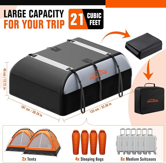 ACLONG 21 Cubic Feet Car Roof Bag 840D Waterproof Rooftop Cargo Carrier Bag for All Cars with/Without Racks Includes Anti-Slip Mat Storage Bag Combination Lock 6 Door Hooks