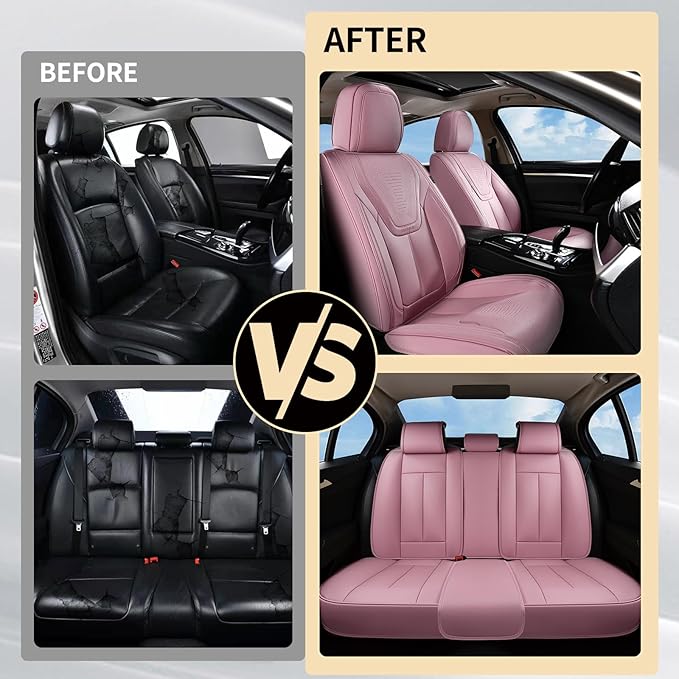 FLORICH Front Car Seat Covers, Luxury Waterproof Faux Leather Seat Covers Cushion, Breathable Car Seat Cover Protectors Universal Fit for Most 5 Seats Vehicles - Pink