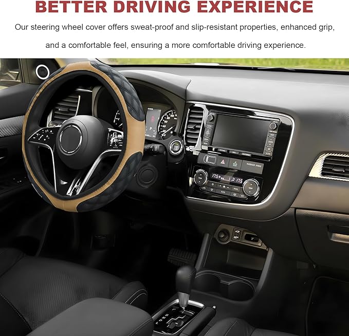 Car Steering Wheel Cover, 15 Inch Elastic Comfortable Auto Steering Wheel Protector, Anti-Slip Leather Wheel Cover Fashionable Interior Accessories for Most Cars Trucks SUVs (Beige)