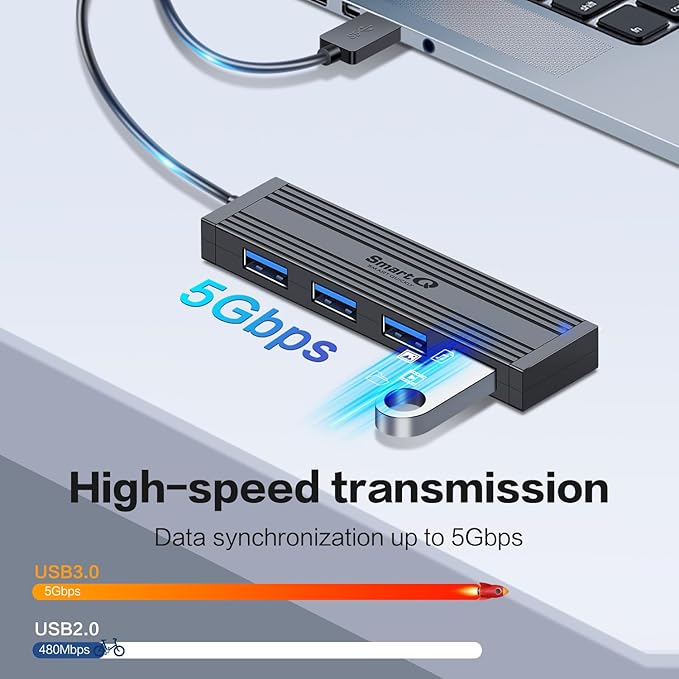 4-Port USB 3.0 Ultra-Thin Data Hub, High-Speed USB Port Expander for Laptop, MacBook, iMac, Surface Pro, XPS, Flash Drives, Mobile HDD, Printers, and More (Slim USB Hub - 4 ft)