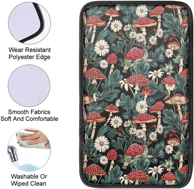 UNICEU Mushroom Daisy Print Car Decorative Armrest Cover Pad Soft Neoprene Car Center Console Armrest Cover Universal Fit Trucks SUV Van
