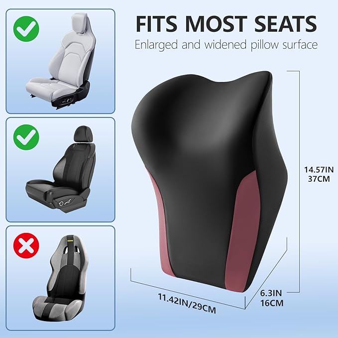 BEBAS Car Headrest Pillow, Ergonomic Neck Pillow with Memory Foam, Enlarged Surface for Head Neck Shoulder Support, Breathable Removeable Car Seat Pillow for Pain Relief (Black Red)
