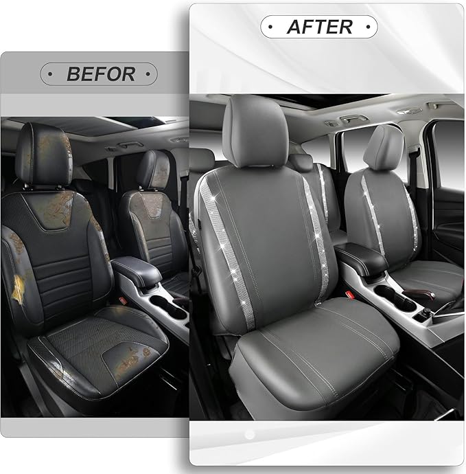 CAR PASS Bling Car Seat Covers Full Set, Shining Glitter Rhinestone Diamond Waterproof Faux Leather Interior Sets Universal Fit Automotive Glitter Crystal Sparkle Strips for Cute Women Girl, Gray