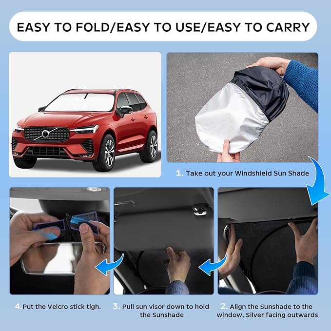 Sun Shade Sunshade for Volvo XC60 SUV 2018-2024 2025 2026 Windshield Cover, 4-Layers Sun Shield 250T Silver Coating Sun Visor Foldable Window Shade Blocks UV Rays Car Accessories