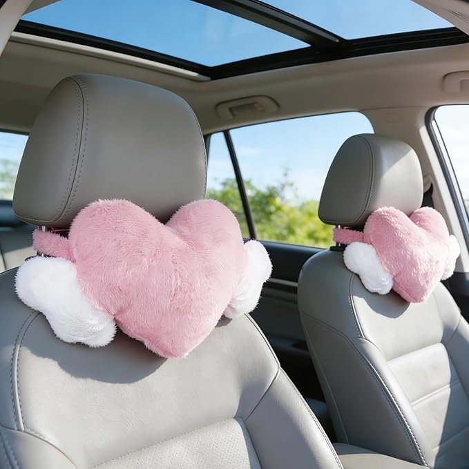 AKAZA 2 Pcs Plush Heart Shaped Pillow with Angel Wings - Car Headrest Cushion, Soft Comfortable Seat Pillow for Driving Travel, Office Room Car Decor ，Pink, 19.7 x9.4 Inch (Pink)