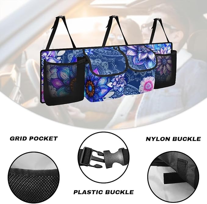 Boho Style Trunk Organizer with Lid Car Women Mandala Floral Blossom Back of Seat Car Organizer for SUVs Sedans