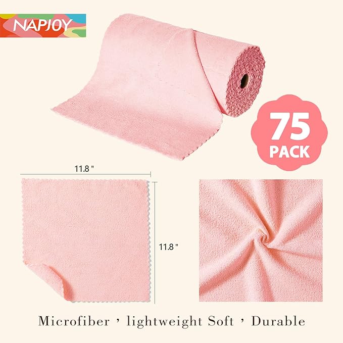 Napjoy Microfiber Cleaning Cloth Roll, 75PK Easy Tear Away Reusable Paper Towels, 12" x 12", Lint-Free and Scratch-Free with Patented Fiber Technology Microfiber Towel Roll, Pink