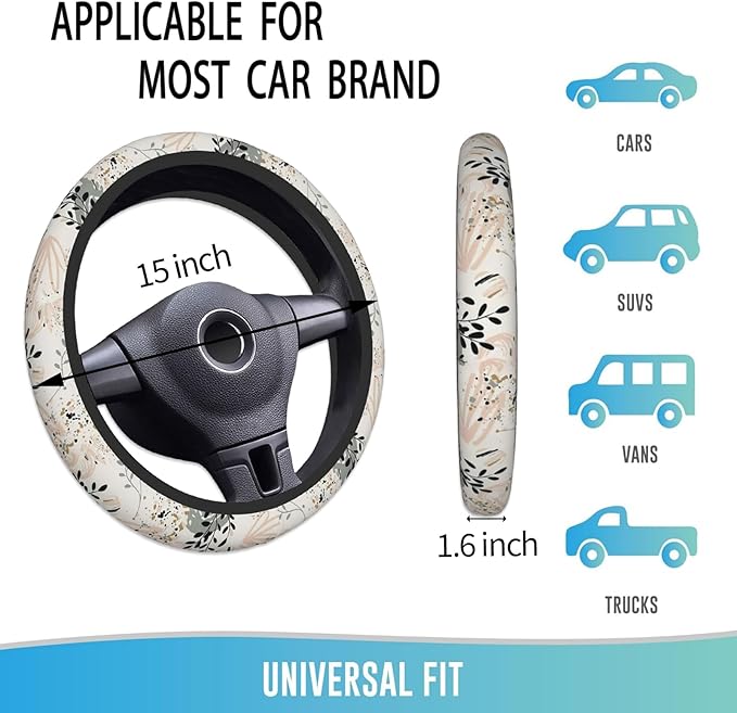 Elastic Steering Wheel Cover Car Accessories Cute Universal 15 Inch Absorbing Sweat Non-Slip Breathable for Man Woman - Boho Leaves