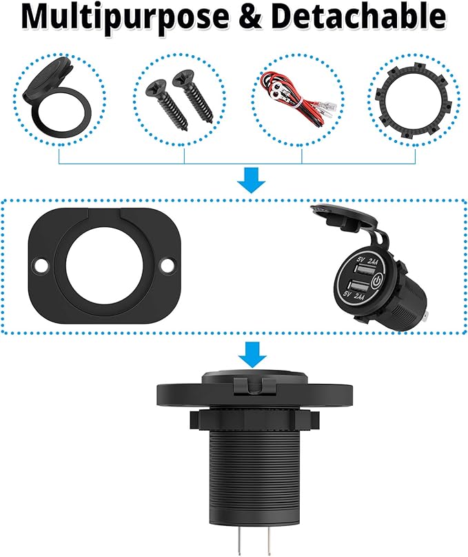 Dual USB Socket 12V Marine Outlet with Switch Golf Cart USB Port 12 Volt DC Car Charger Mount Waterproof Cigarette Lighter Power Adapter DIY Kit Fast Charge with Blue LED for Boat Motorcycle ATV RV