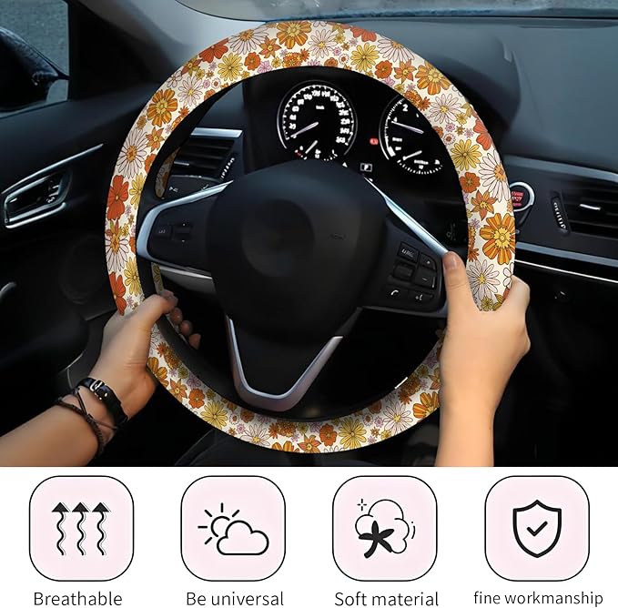 Car Steering Wheel Cover, Universal 15 Inch Neoprene Non-Slip Steering Wheel Covers, Funny Car Accessories for Women Men Fit Auto, Suvs, Truck Cute Boho Colorful Flowers