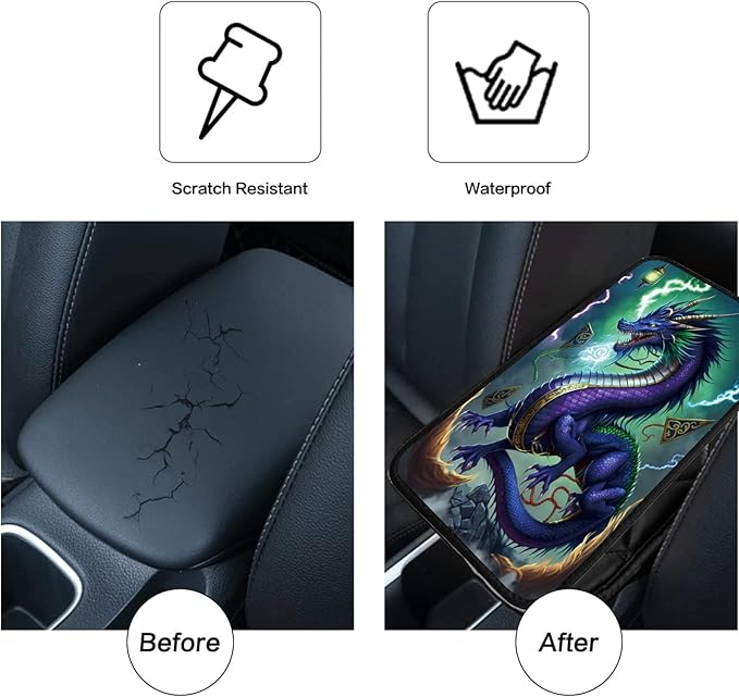 Car Armrest Cover Pads Universal Fashion Cute Auto Center Console Armrest Cover Pad with 2PCS Car Coasters Soft Waterproof Car Armrest Seat Protector for Women Girls, Blue Dragon