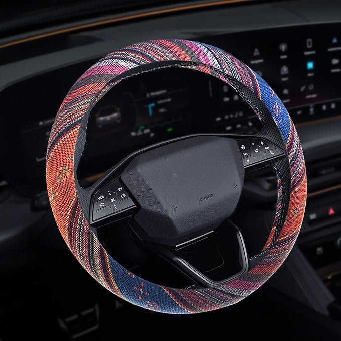 Boho Steering Wheel Cover, Steering Wheel Cover Women, 15 inch Hippie Style Protector Covers, Universal Ethnic Flax Cloth Car Accessories Universal for SUV Van Truck (Hippie-C)