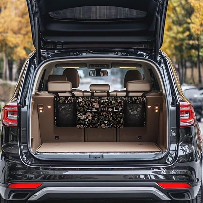 Mushroom Trunk Organizer Car Accessories for Women Space-Saving Car Organizers Storage Bag with 4 Pockets, Back Seat Car Organizer Adjustable Car Back Seat Organizer