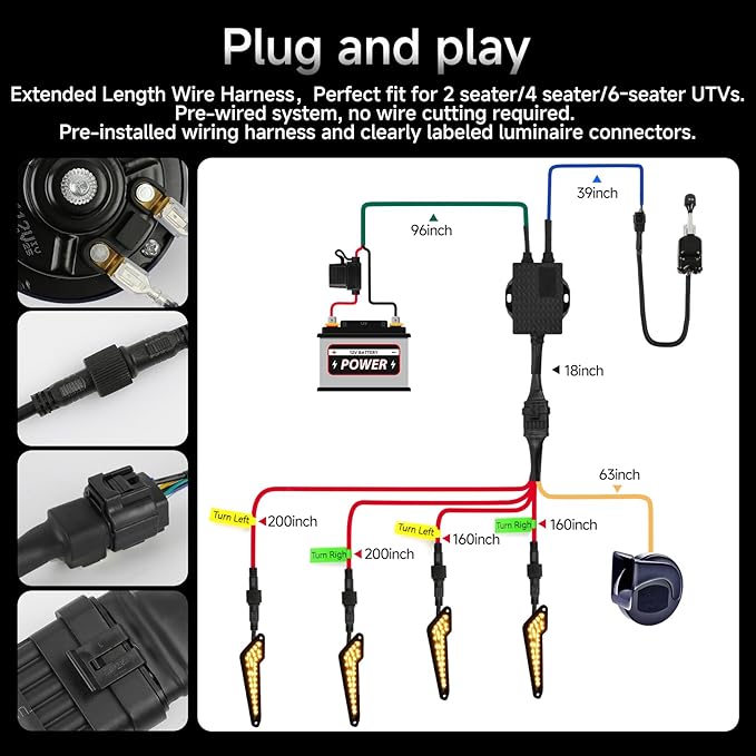 DREAMIZER UTV Turn Signal Kit with Horn, Plug and Play, Pre-Wired, ATV Blinker with Lever Column Switch Universal Street Legal Kit with Hazard light Compatible with Polaris, Can-Am, Teryx, CFMOTO